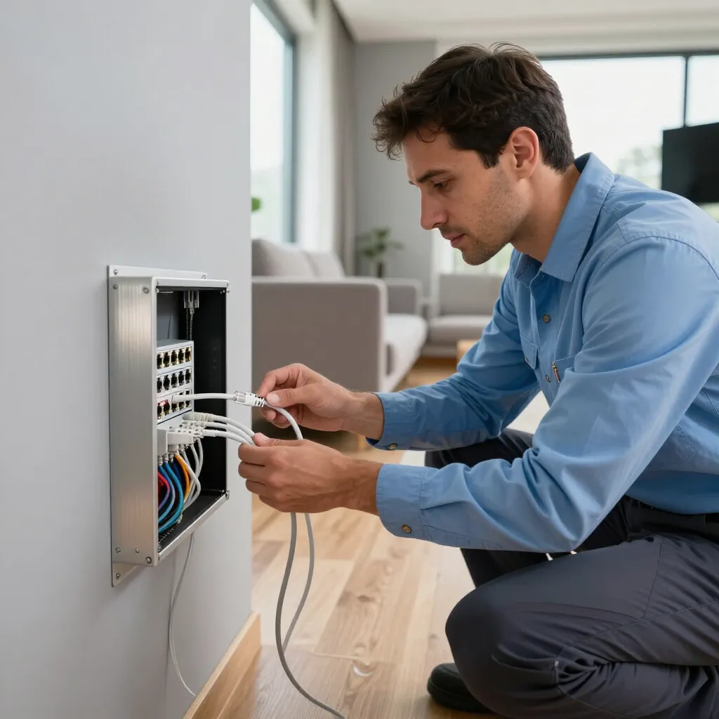 Technician installing structured low-voltage cabling panel in a residence