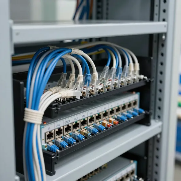 Network distribution rack with patch panels and ethernet cabling